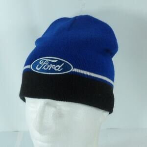 Jerry's Ford Embroidered Logo Beanie Cap Hat Winter Blue Black Stripe Skullcap